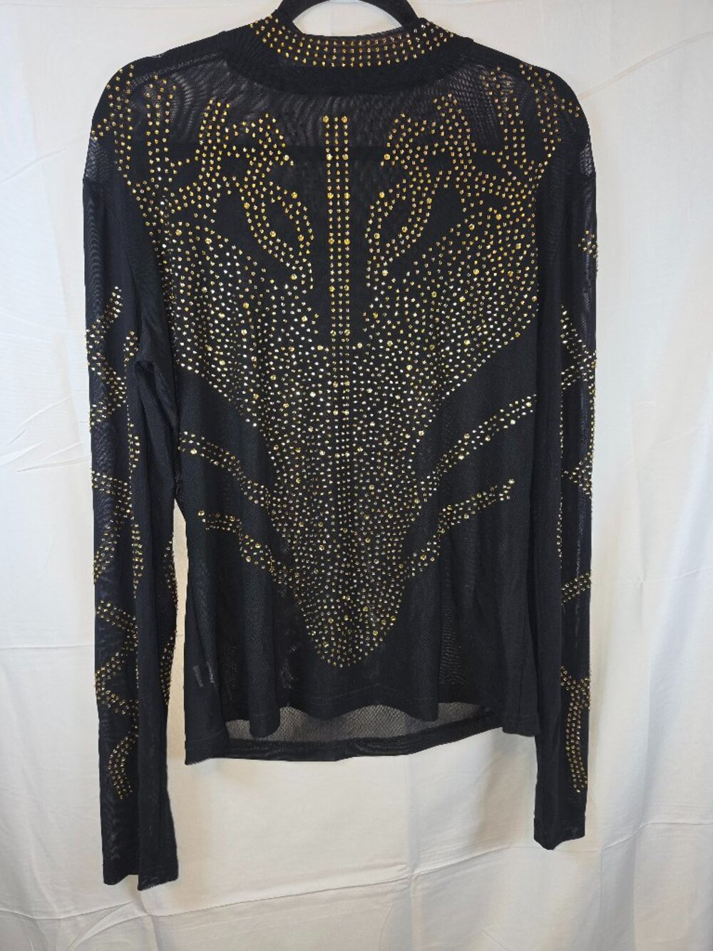 Black Sheer Mesh Rhinestone Gold Stud Long Sleeve Top 2XL